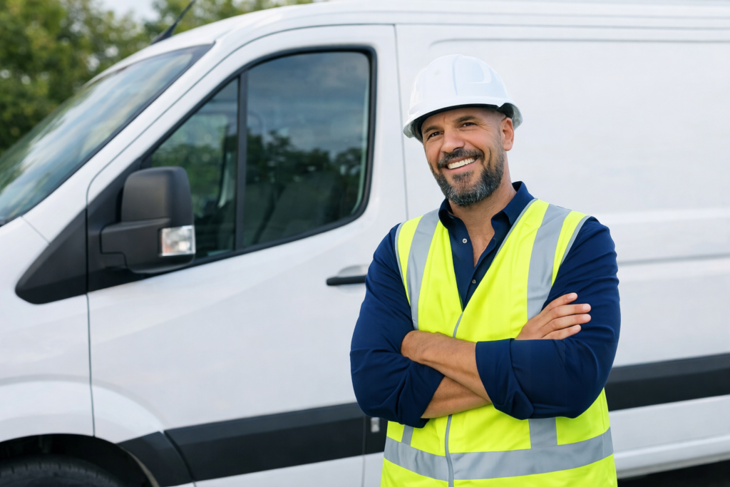 Tradesman plumber standing in front of van